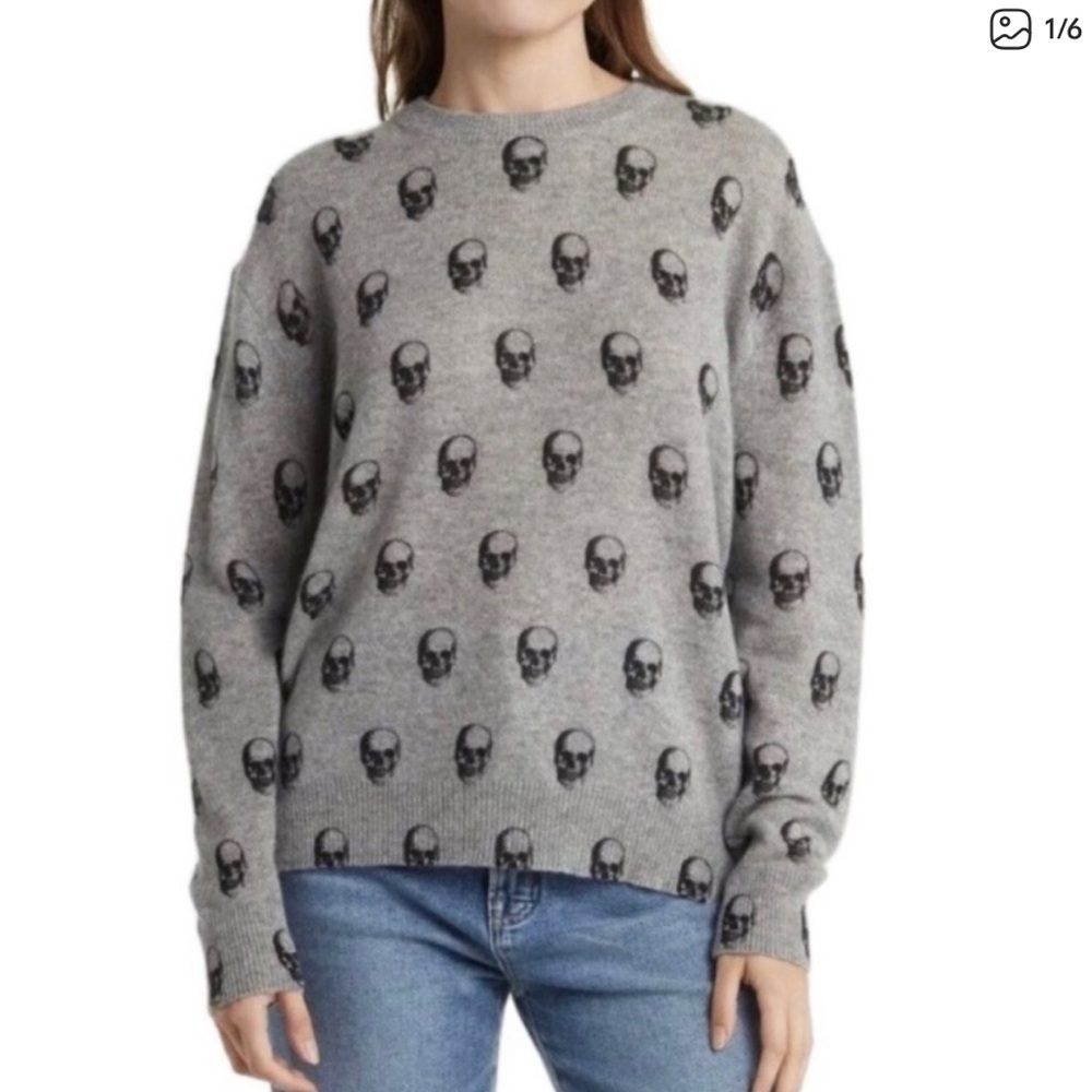 Skull Cashmere Gray Skull-Print Crewneck Sweater